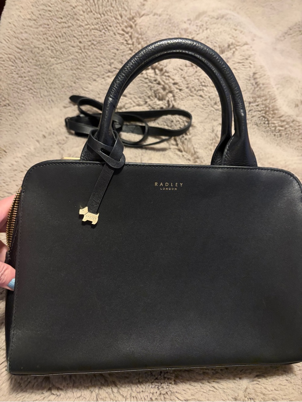 RADLEY LONDON Black Leather Satchel with Gold Dog Charm